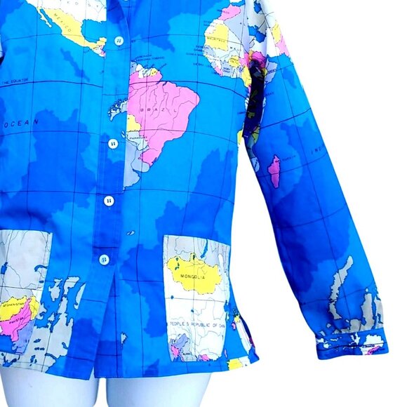 Vintage Womens Blue Shirt 80s Collared Button Front World Map Size M Polyester - Picture 9 of 12